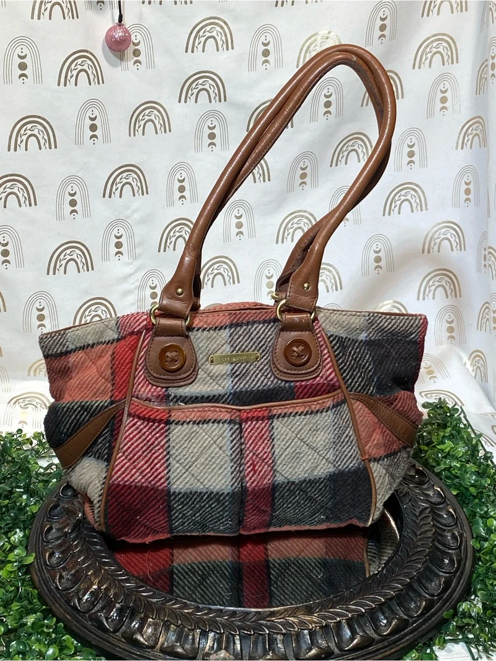 Vera Bradley Red, Black, Cream Plaid Shoulder Bag with Brown Handles